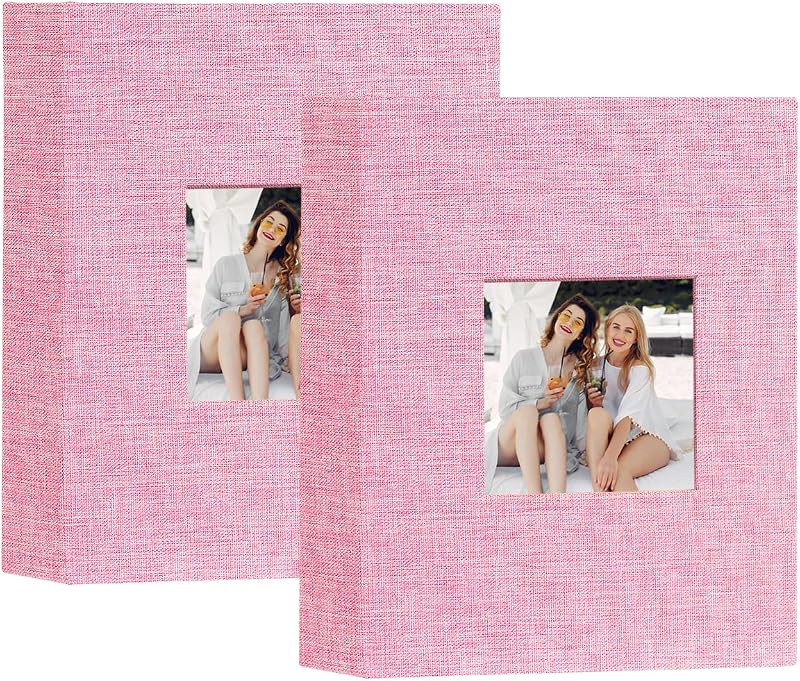 Miaikoe Small Photo Album 6x4 50 Pockets 2 Packs Pink Linen Top Loading