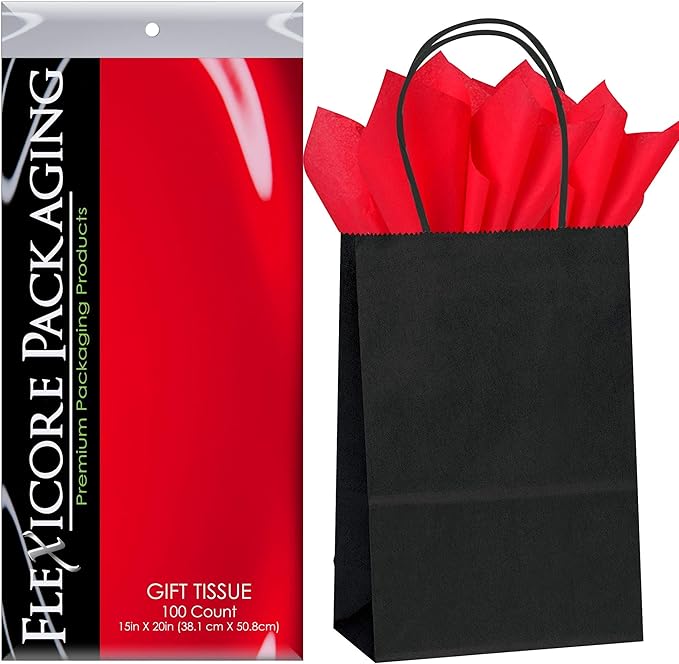 Flexicore Packaging Black Kraft Paper Gift Bags & Red Gift Wrap Tissue Paper Size 5