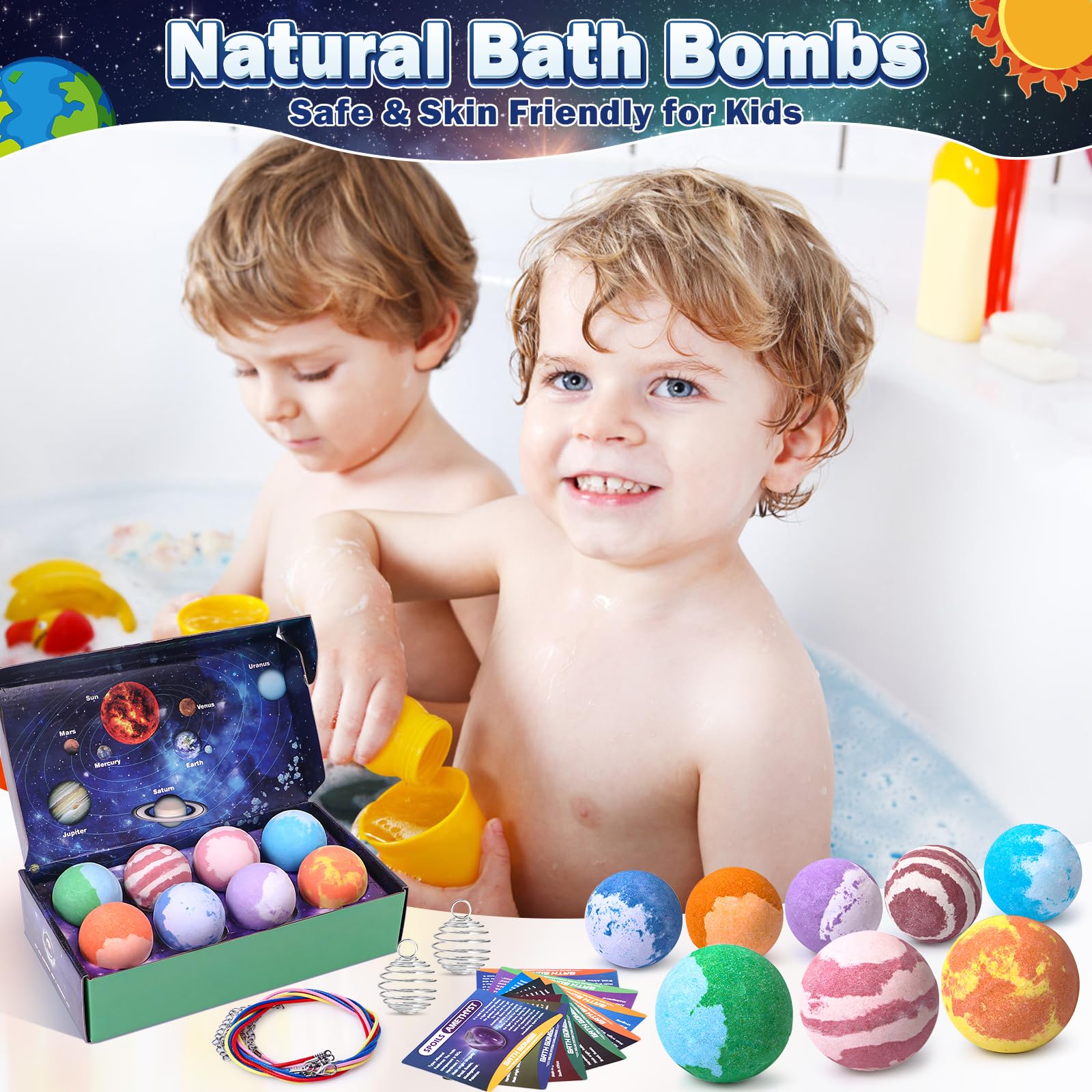 Galaxy Bath Bombs for Kids with Surprise Inside Space Toys, 8 Pack Planet Bath Bombs with Solar System Gemstones Organic Bubble Bath Fizzies Birthday Christmas Gifts for Boys Girls