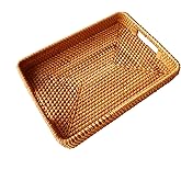 i-lan 13 Inch Handcrafted Serving Tray Rectangle Rattan Display Tray Plates with Cutout Handles and 2" Wall,Wicker Ottoman Coffee Table Decor Basket Tray Organizer Platter for Snack, Candy, Fruit,S