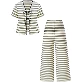 winkbay Women's Plus Size 2 Piece Casual Summer Outfits Striped Tie Front V Neck Top and Pants Matching Sets