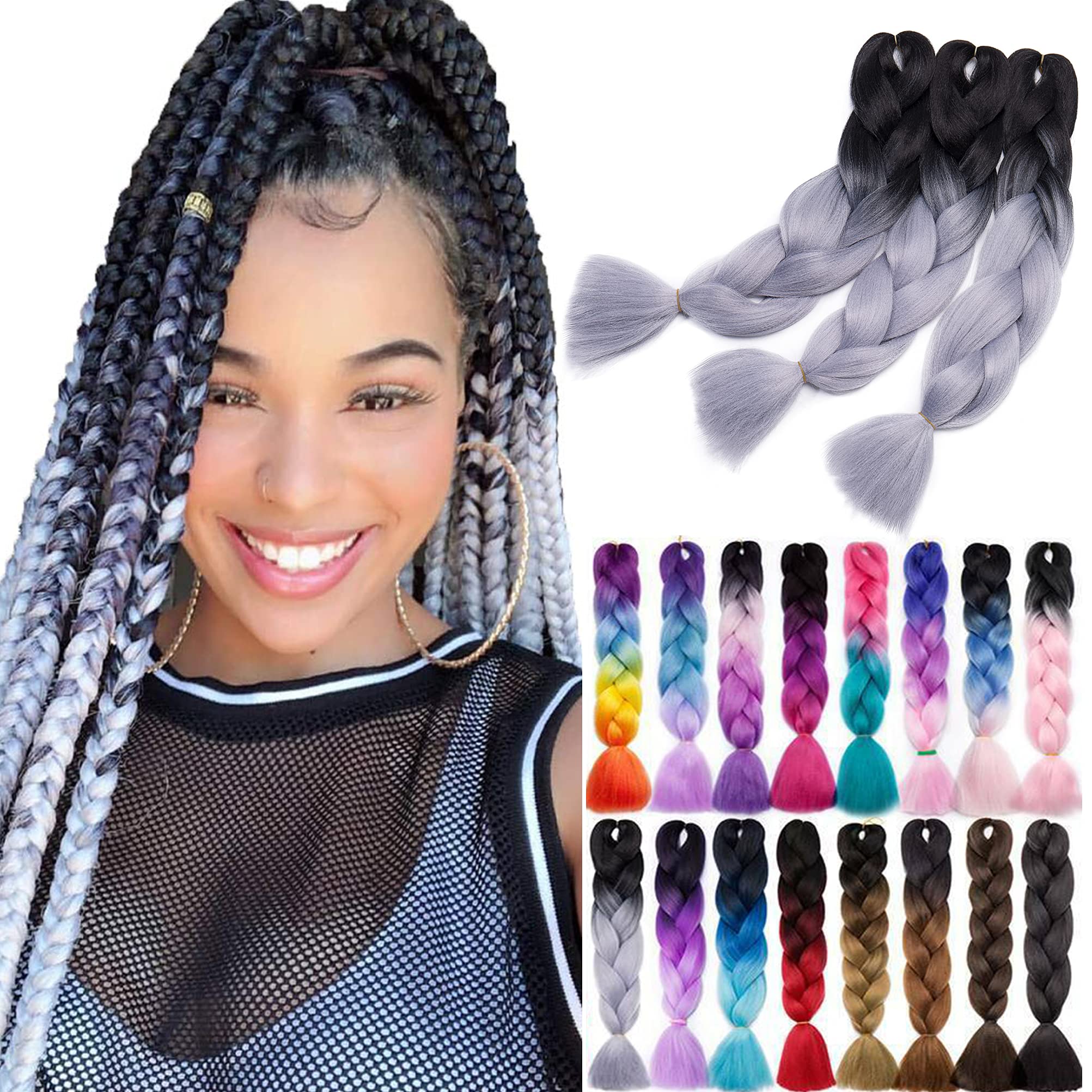 Jumbo Braiding Hair 24 inch Ombre Braid Hair Extensions Jumbo Box Braids Crochet Hair Long Rainbow Colorful for Women Kids DIY High Temperature Synthetic Fiber 3 Bundles Black to Grey