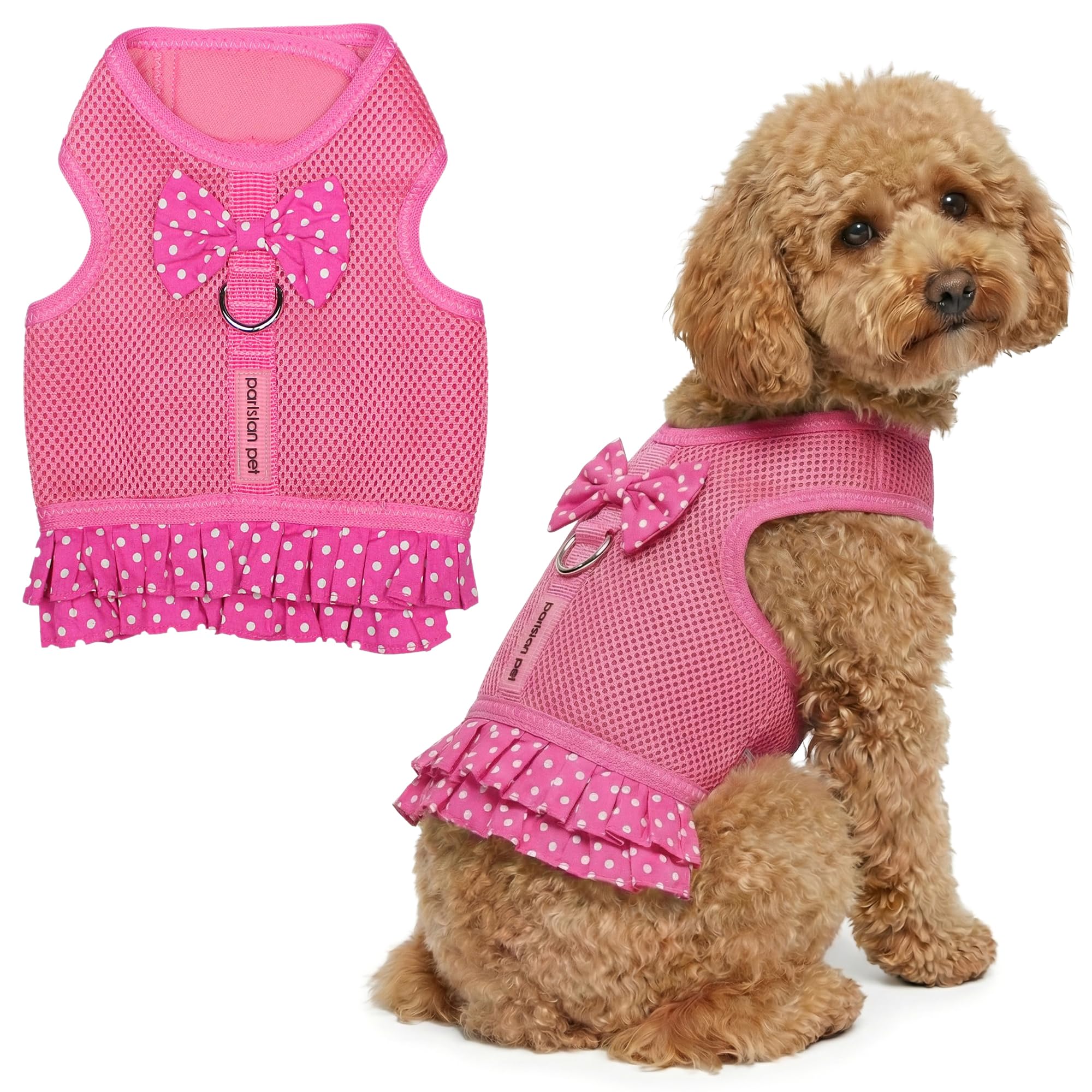 Parisian Pet Dog Harness Dress, Pink Dots, L