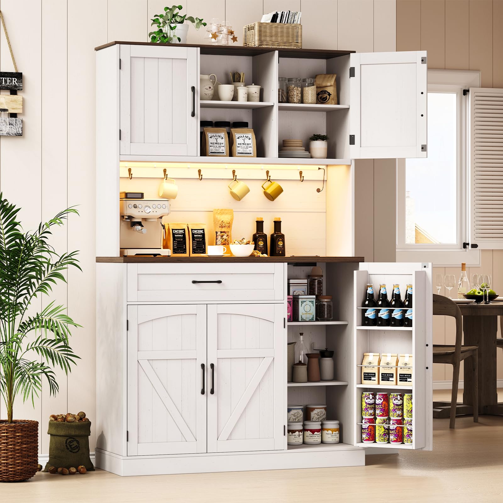ONBRILL 71" Kitchen Pantry Cabinet with LED Light/Outlet, Off White+Walnut
