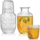 AVLA 4 Pcs Bedside Water Carafe and Glass Tumblers, 20 OZ Clear Nightstand Pitcher with 5 OZ Cup Set, Glass Mouthwash Decanter Vintage Elegant Glassware for Juice, Kitchen, Bedroom, Bar, Bathroom