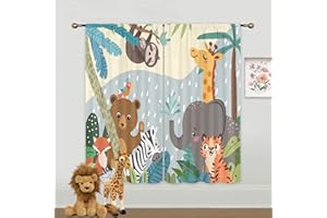 Mitpok Kids Safari Animals Curtains for Boys Bedroom 42Wx63H Inch Rod Pocket Cute Cartoon Funny Woodland Bear Children Nursery Jungle Leaves 2 Panels Window Treatment Set for Living Room Decor