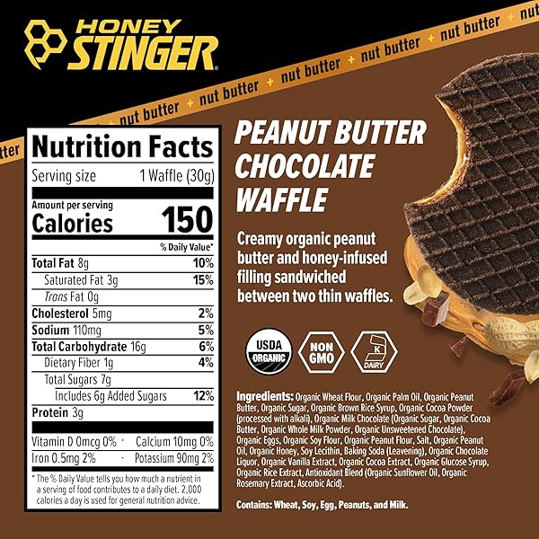 HONEY STINGER ORGANIC PEANUT BUTTER ENERGY WAFFLE VARIETY PACK OF 18, 6 PACK EACH OF PEANUT BUTTER, PB CHOCOLATE AND PB STRAWBERRY, NUTRITIOUS STROOPWAFEL SNACK FOR EXERCISE, ENDURANCE AND PERFORMANCE