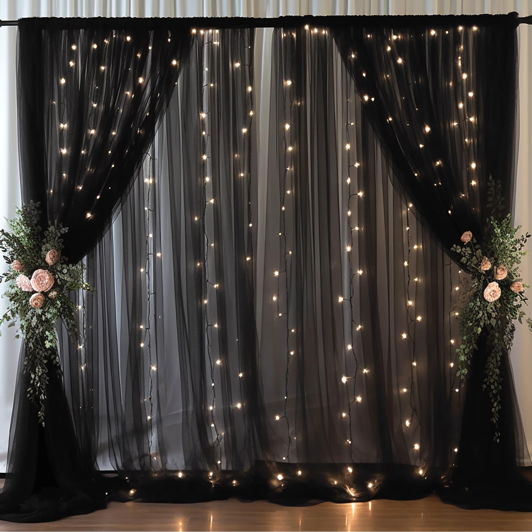 Photo 1 of 20x8ft Black Tulle Backdrop Curtain with Lights String for Parites, Sheer Backdrop Curtains for Wedding Baby Shower Birthday Party Photo Shoot Decorations