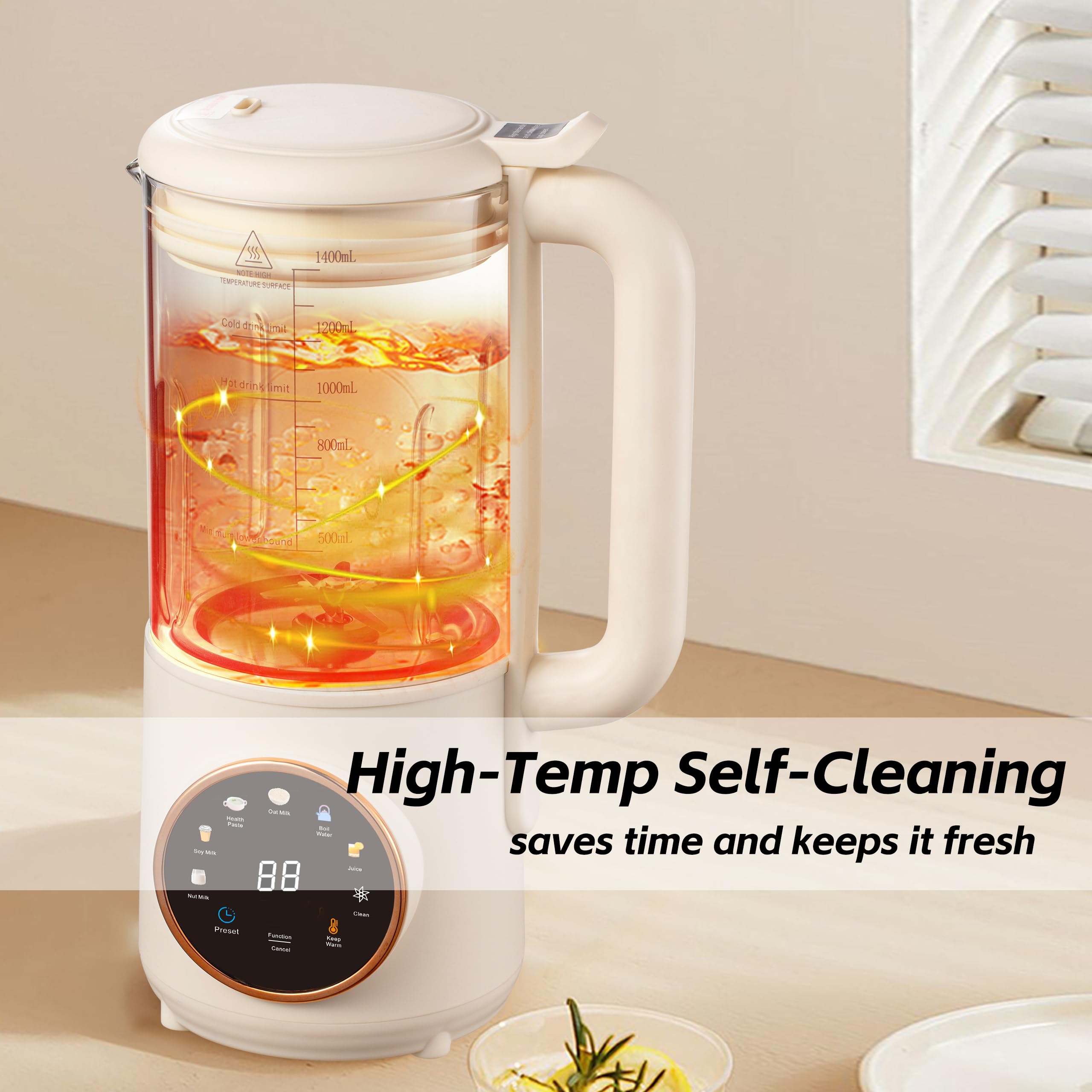 Máquina para hacer leche de nueces 8 en 1, 48 oz de almendras caseras, avena, soja, coco, bebidas a base de plantas y no lácteas con autolimpieza, hervir agua, inicio diferido, mantener caliente, licuadora de 16 hojas, frasco de vidrio