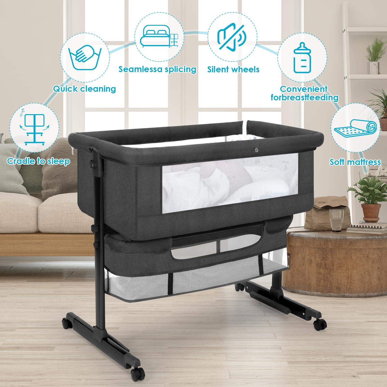YADAQE Baby Bassinet, Baby Basinet Bedside Sleeper, Easy to Fold Portable Crib Side Bassinet 2025new Style Girl/boy bassinets (Dark Gray)