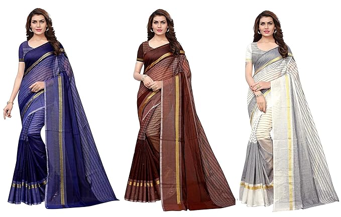 Synthetic Saree with Blouse Piece (Pack of 3) (TS-03-BLUE-BROWN-WHITE_Multicolor_Free Size)