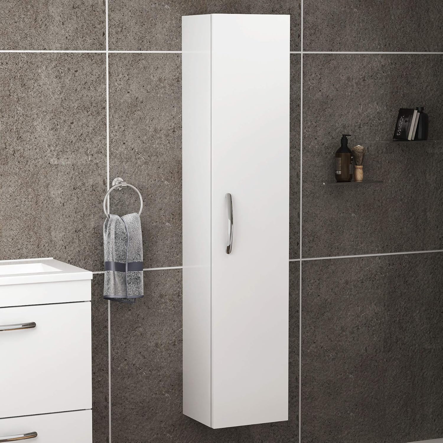 1450mm Wall Hung Tall Boy Unit 1 Door Bathroom Furniture Storage Cabinet Gloss White Amazon Co Uk Kitchen Home