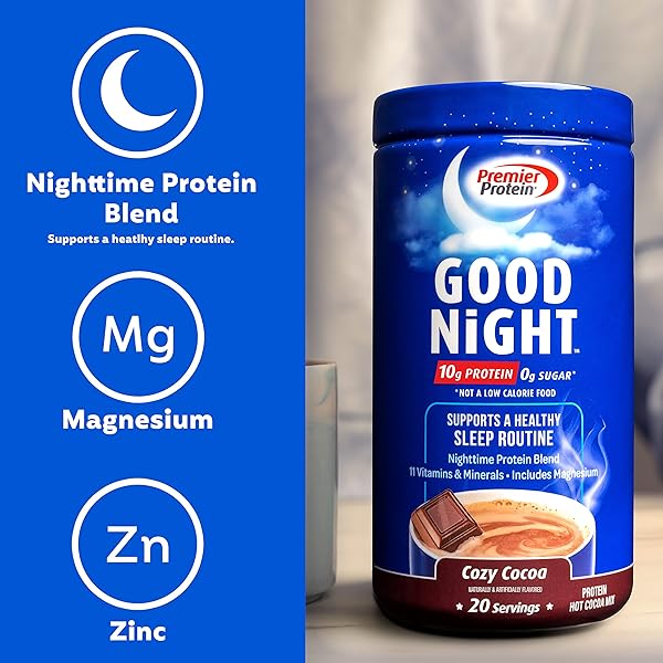 PREMIER PROTEIN GOOD NIGHT PROTEIN POWDER, HOT COCOA MIX, 10G PROTEIN, 0G SUGAR, 11 VITAMINS & MINERALS, NIGHTTIME PROTEIN BLEND, MAGNESIUM, ZINC, 20 SERVE, 1 TUB
