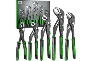SK 5-Piece Pliers Set, 8" Adjustable Joint, 8", 10" and 12" Quick Adjust V-Jaw Groove Joint, 10" Pliers Wrench, Premium CR-V Construction, with EVA Foam Tool Organizer