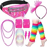 Handepo 19 Pcs 80s Costume Accessories Holographic Fanny Pack Leg Warmers Lace Headband Earrings Gloves Necklace Bracelet