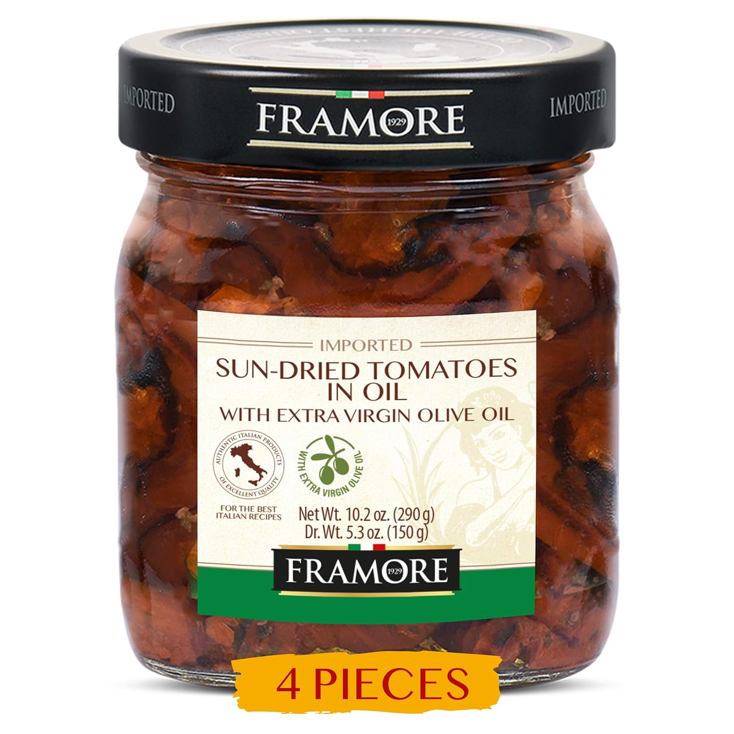 FRAMORE, Sun dried tomatoes in oil ten ounce pack of four Imported from Italy
