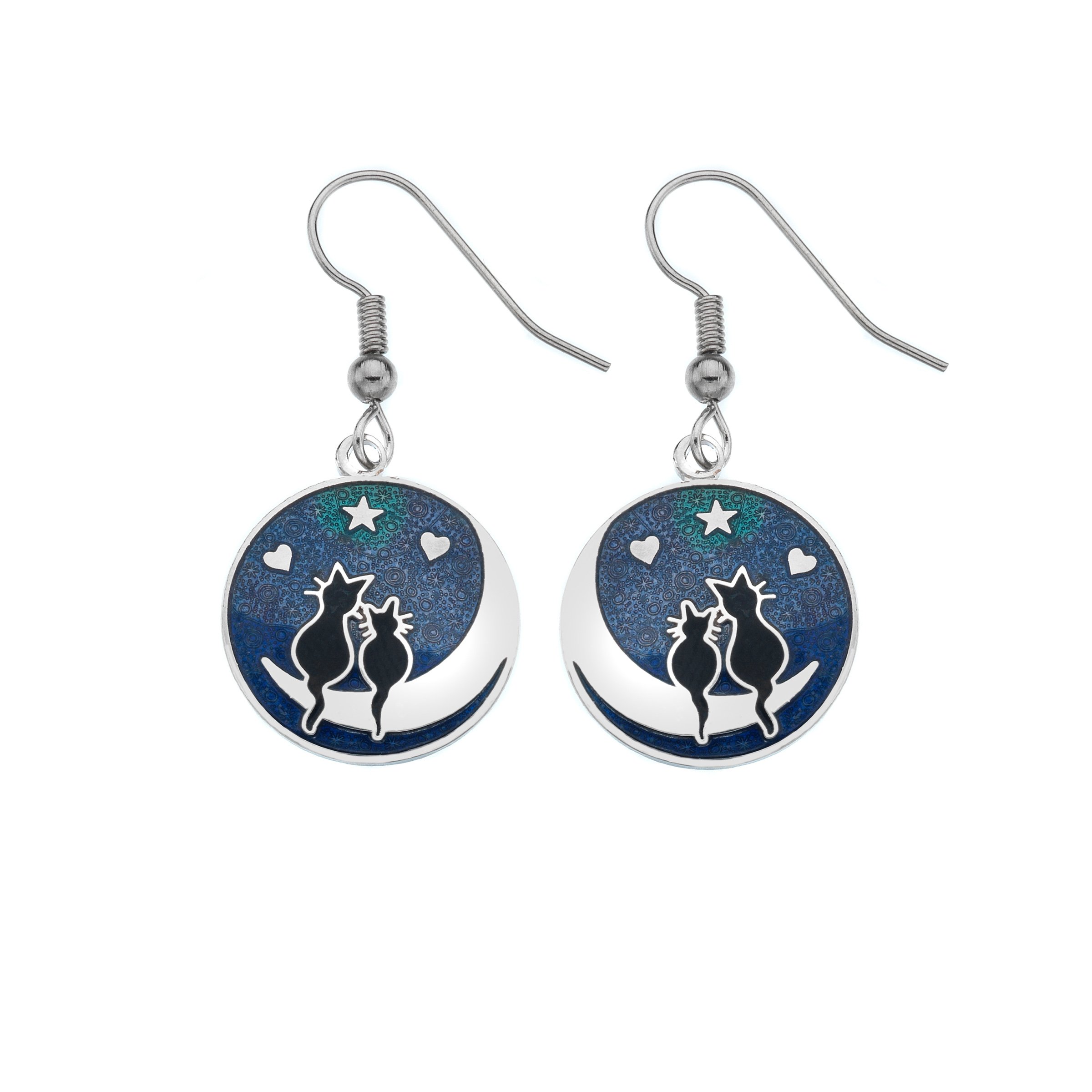 Love Cats on Moon Enamel and Silver Drop Earrings Ear wires (2666)