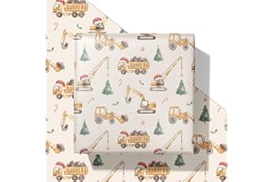 SaringSwoon Construction Christmas Wrapping Paper for Kids - Holiday Wrapping Paper with Dump Trucks, Cranes, Excavators with Santa Hats & Gifts, Christmas Tree - 40×28 Inches, 4 Folded Sheets