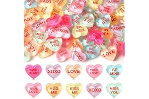 JUNEBRUSHS 50 Pcs Conversation Hearts Decorations, Resin Candy Hearts for DIY Jewelry Making, Mini Heart Charms with True Love Phrases, Valentine's Day Craft Supplies