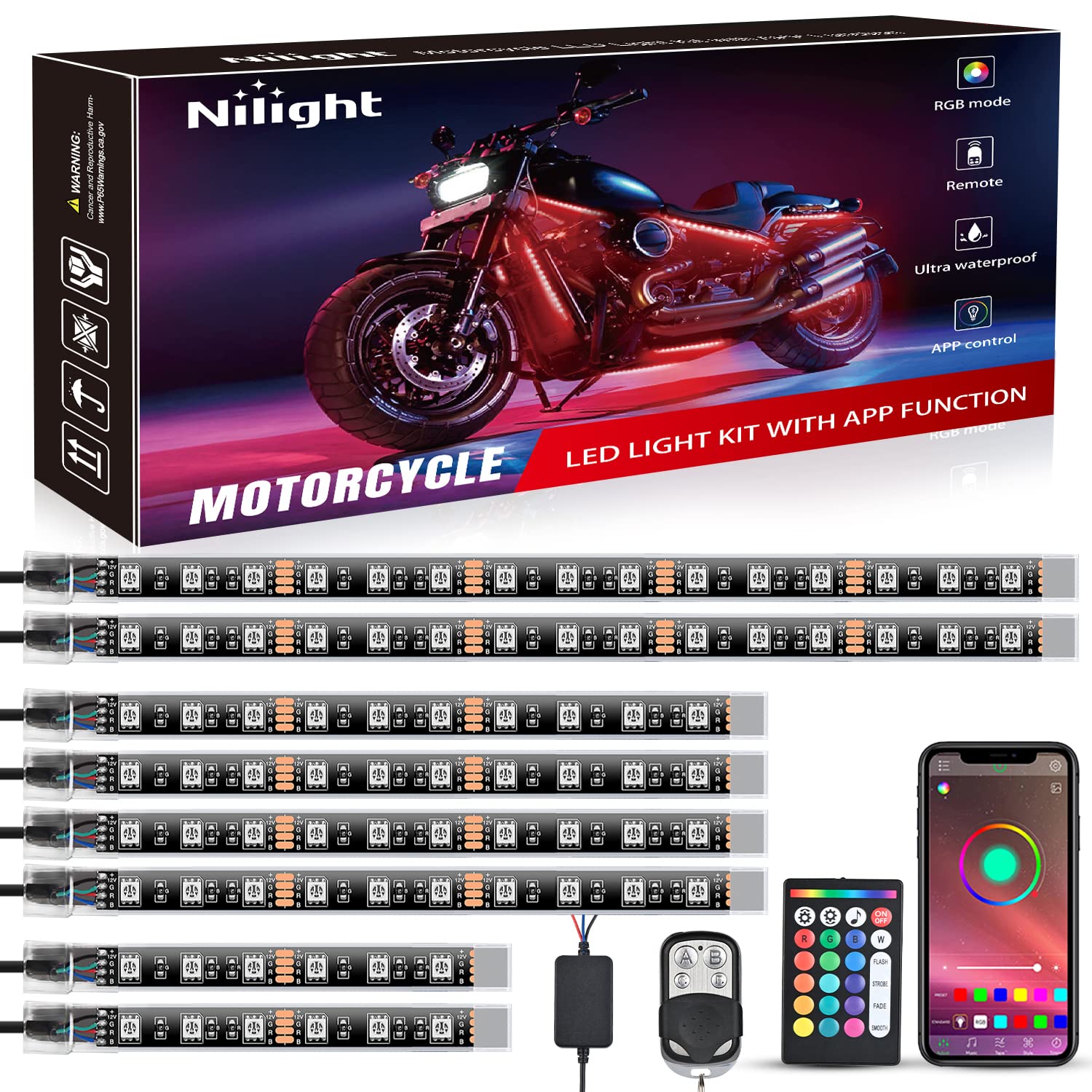 Photo 1 of Nilight 8PCS Motorcycle RGB Led Light Kit Waterproof Multi Color Atmosphere Neon Accent APP and Remote Control Underbody Strips for Harley Davidson Honda Kawasaki Suzuki