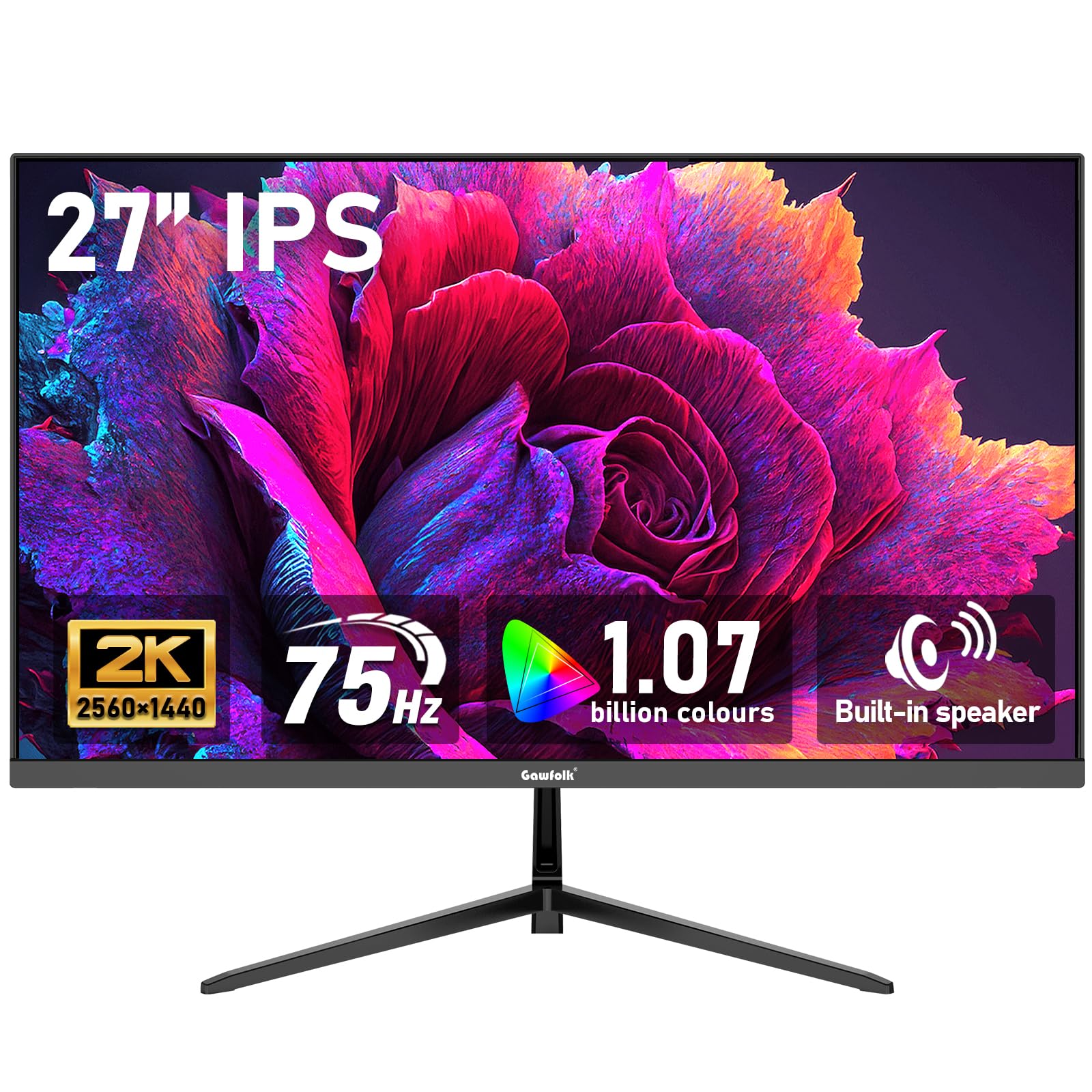 Gawfolk 27 inch IPS 2K QHD (2560×1440) Computer Monitor 75Hz Gaming PC Screen, 1ms，Adaptive Sync,100% sRGB, 1.07 Billion Colours,Built-in Speaker，Display 1.4、Port HDMI2.0, Black Image