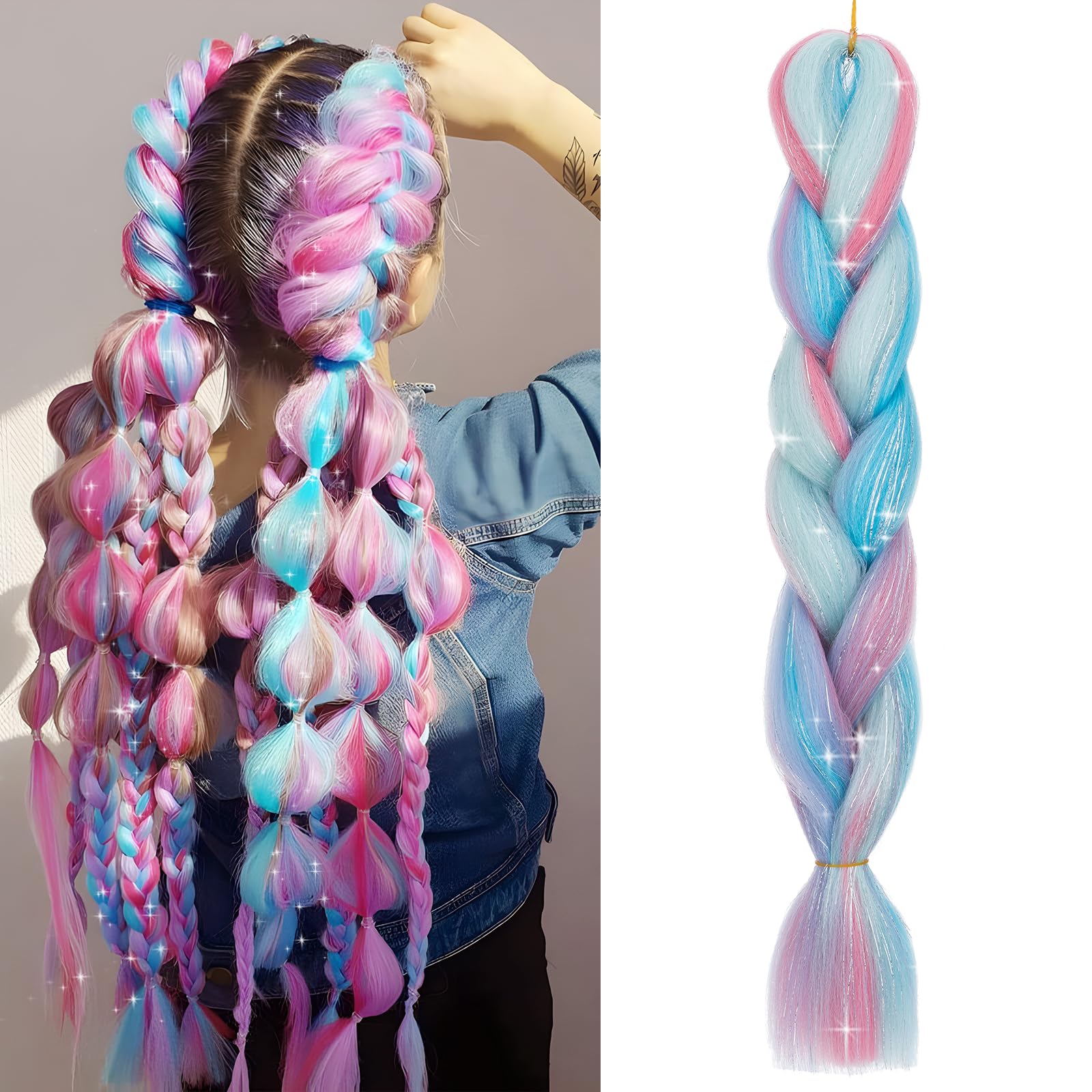 Benehair 24 Inches Braiding Hair Sparkly Braids Extensions Hair with Tinsel Mashup Colorful Synthetic Hair for Braid Hair Extensions for Women(Pink mix Sky Blue, 105g) — image 1