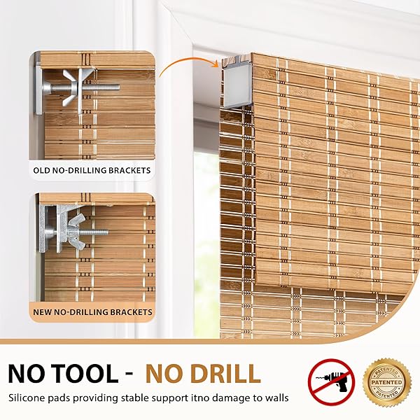 LAZBLINDS NO TOOLS NO DRILL CORDLESS BAMBOO ROMAN SHADES, LIGHT FILTERING WINDOW TREATMENT, ROLL UP BAMBOO BLINDS FOR WINDOW 26” W X 64” H, BROWN
