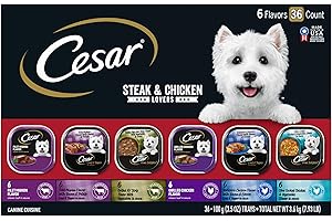 Cesar Wet Dog Food Classic Loaf in Sauce, Steak and Chicken Lovers Variety Pack with Real Meat or Real Chicken, 3.5 oz. Easy Peel Trays (36 Count, Pack of 1)
