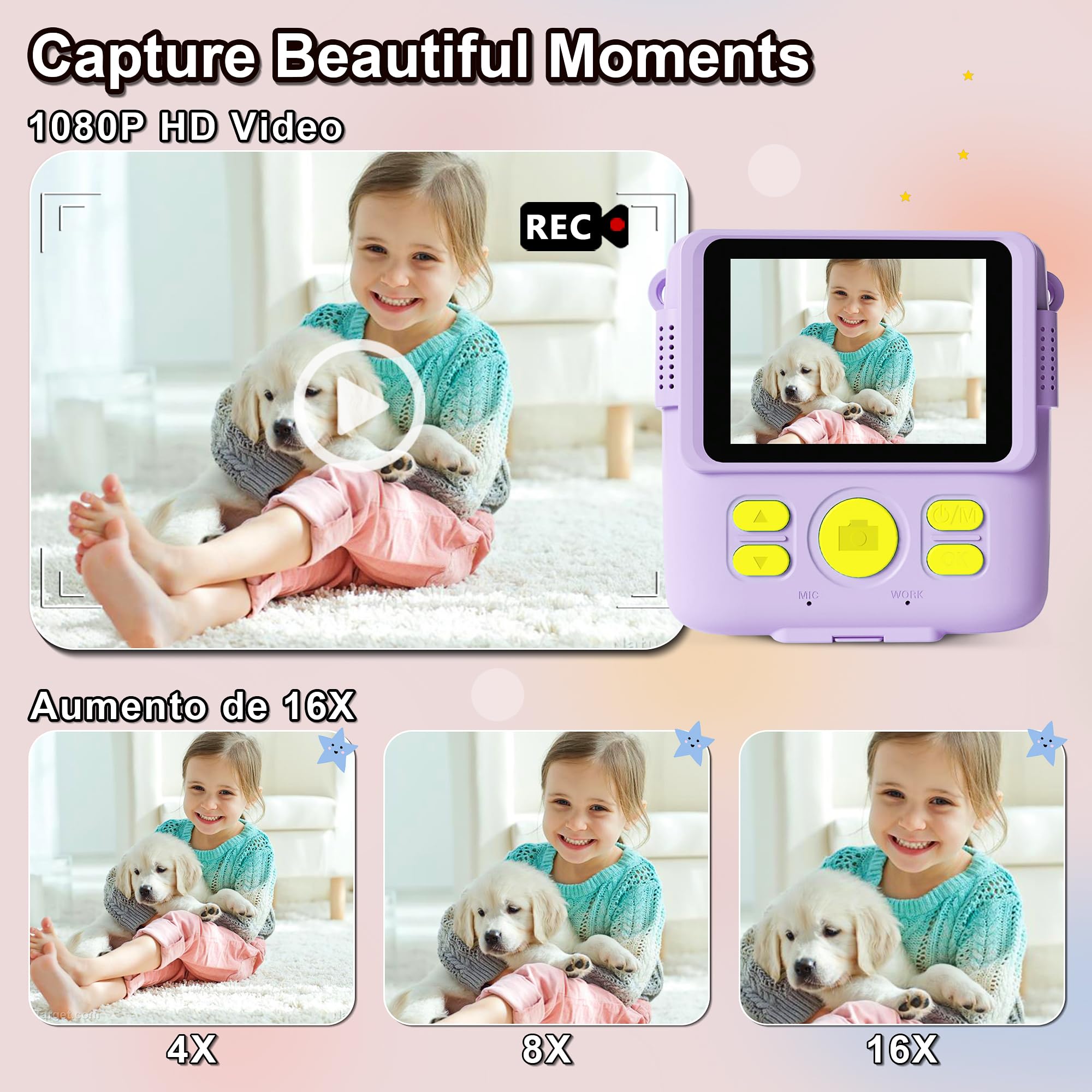 GKTZ Instant Print Camera for Kids - 1080P HD Instant Print Photo - Christmas Birthday Gifts for Age 4 5 6 7 8 9 10 Girls Boys - Portable Toy with 3 Rolls Photo Paper, 32GB Card, Color Pens - Purple