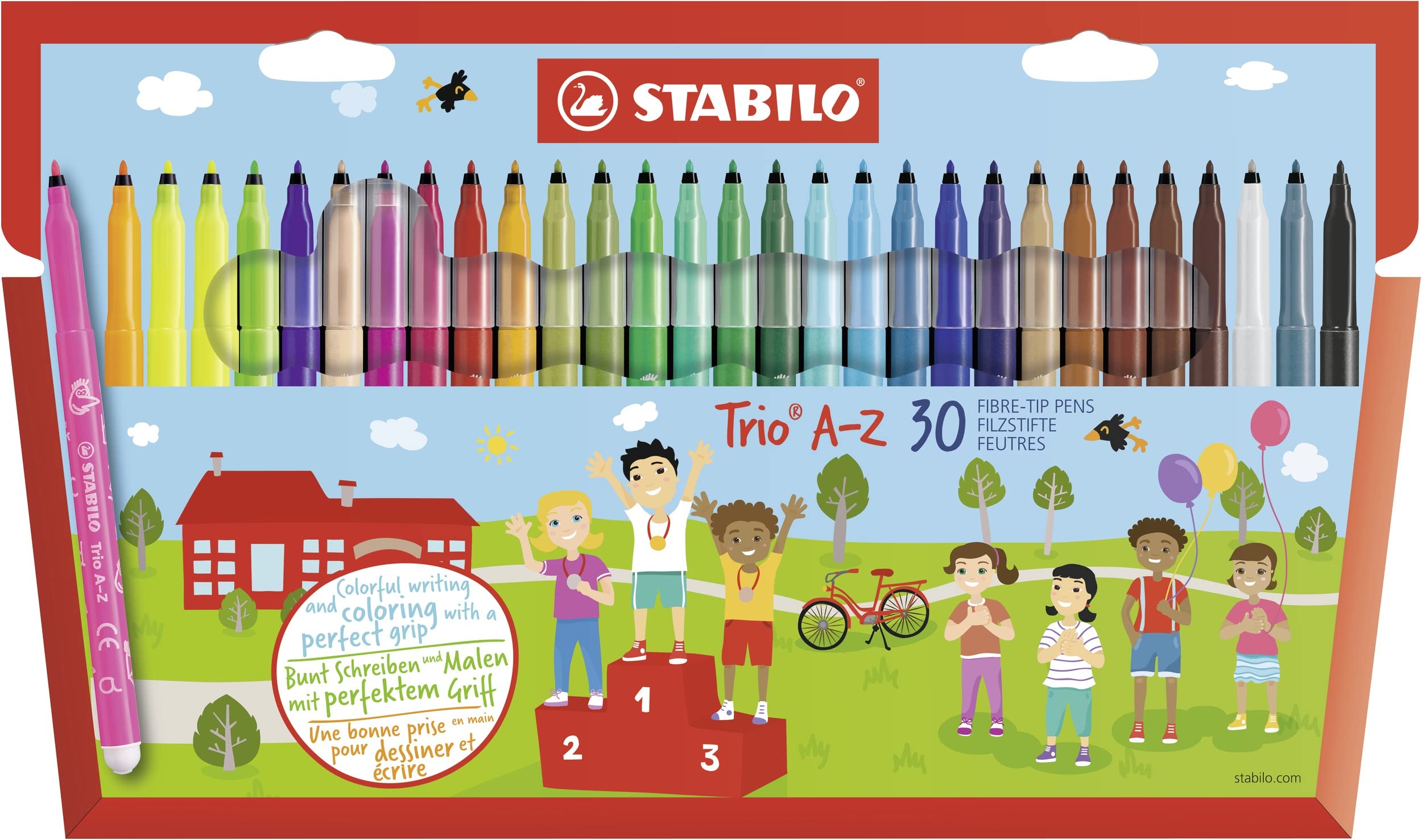 STABILO Trio A-Z - Fibre-Tip Pen with Triangular Grip Zone - Pack of 30 - Assorted Colours including 5 Neon Colours