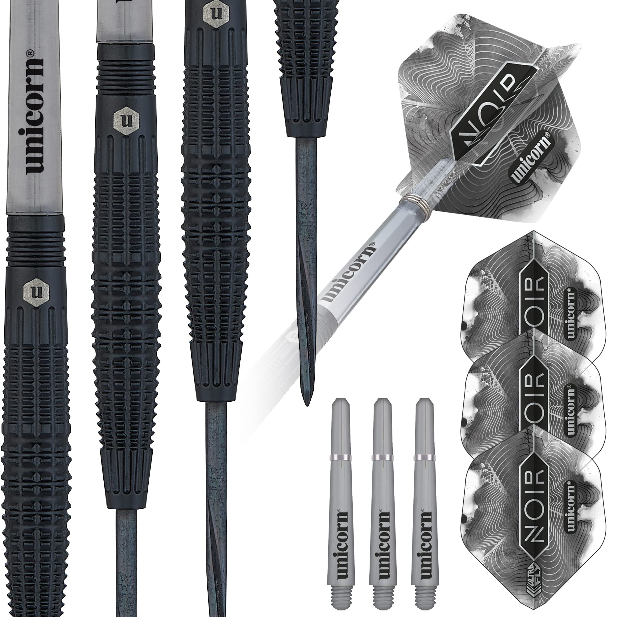 ‎Unicorn Steel Tip Darts Set | Noir Style 2 | 90% Tungsten Barrels with Black Titanium Coating & Black Volute Points | 21 g