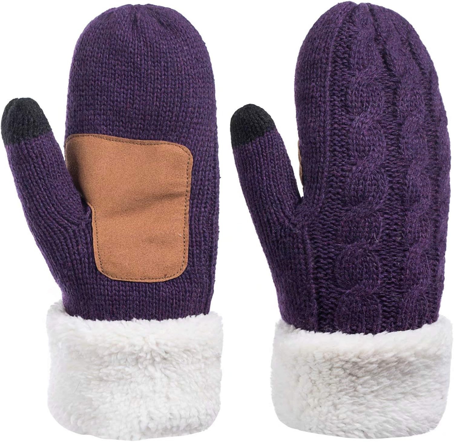 Winter Wool Mitten Gloves For Women, Warm Knit Touchscreen Thermal Cable Gloves With Thick Fleece Lining (Purple) at  Women’s Clothing store