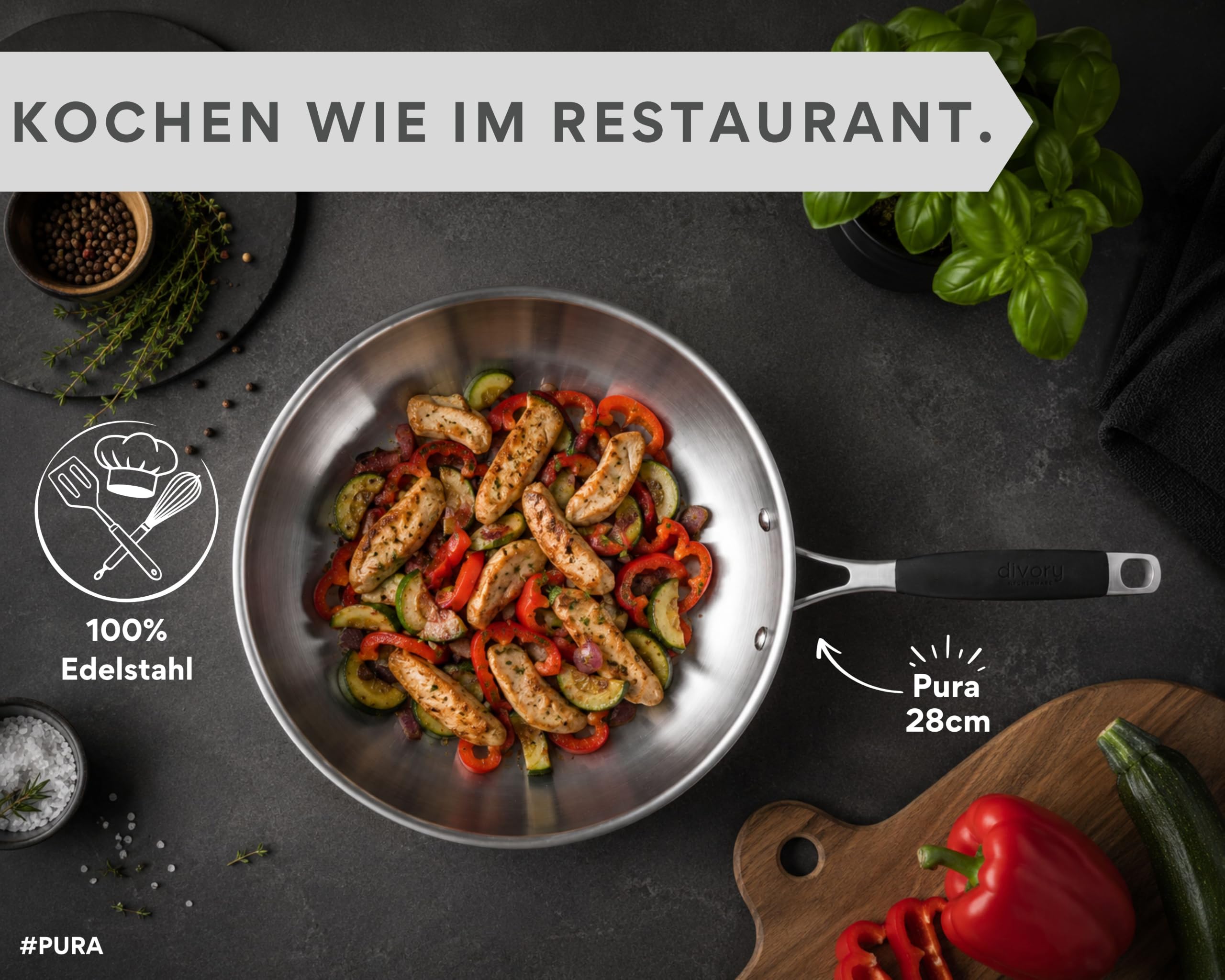 DIVORY Edelstahlpfannen Set 20, 24, 28 cm – Unbeschichtete Pfannen ohne PTFE & PFOA, Bratpfannen Edelstahl für Induktion & alle Herdarten, Pfannenset für Röstaromen – Stainless steel frying pan (PURA) 4