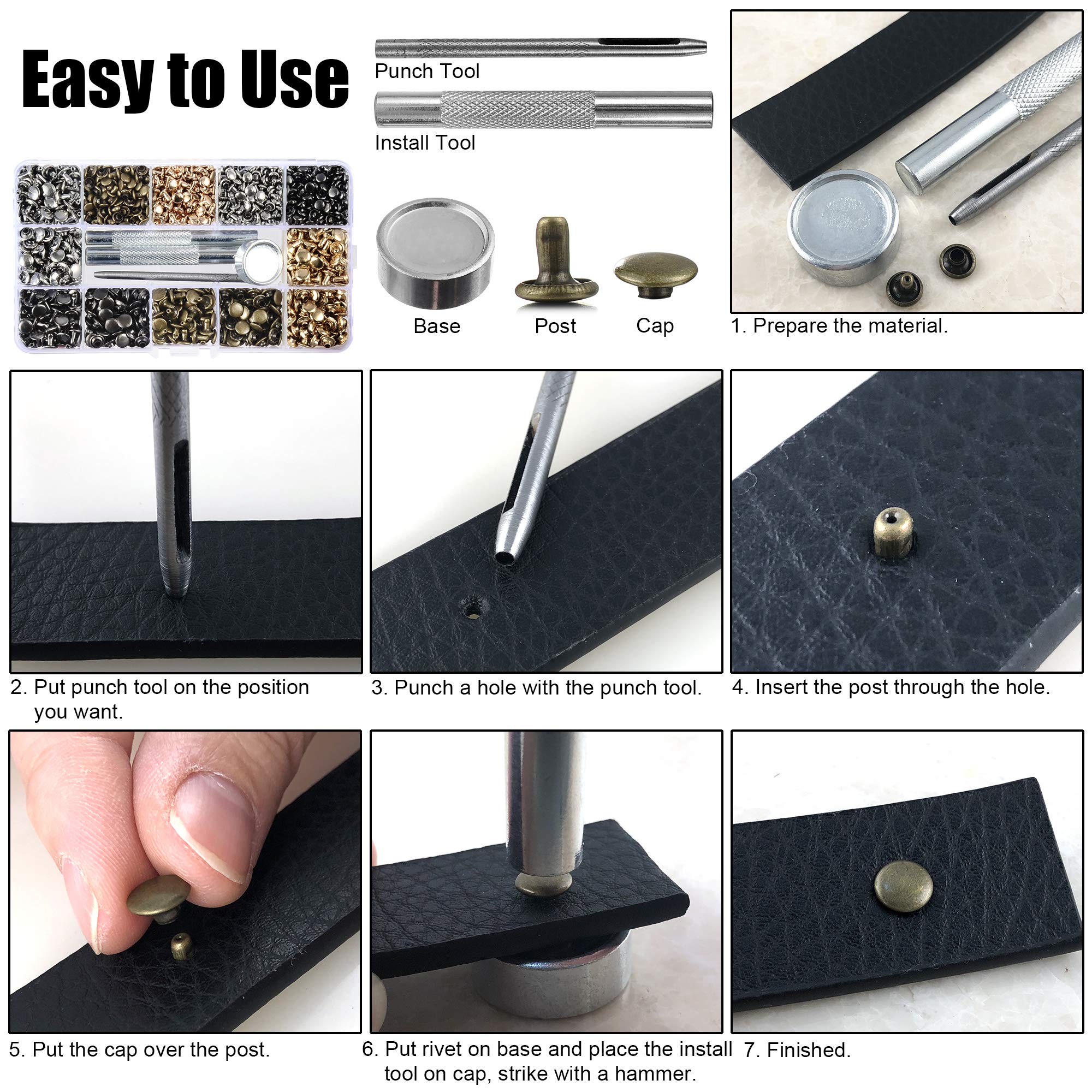 640 Sets Mixed Color Leather Rivets Kit Mixed Size Double Cap Rivets Garment Rivets with Rivet Press Setter Tool for Leather Craft Clothing Shoes Belts Bags Rivets 4 Color 2 Sizes