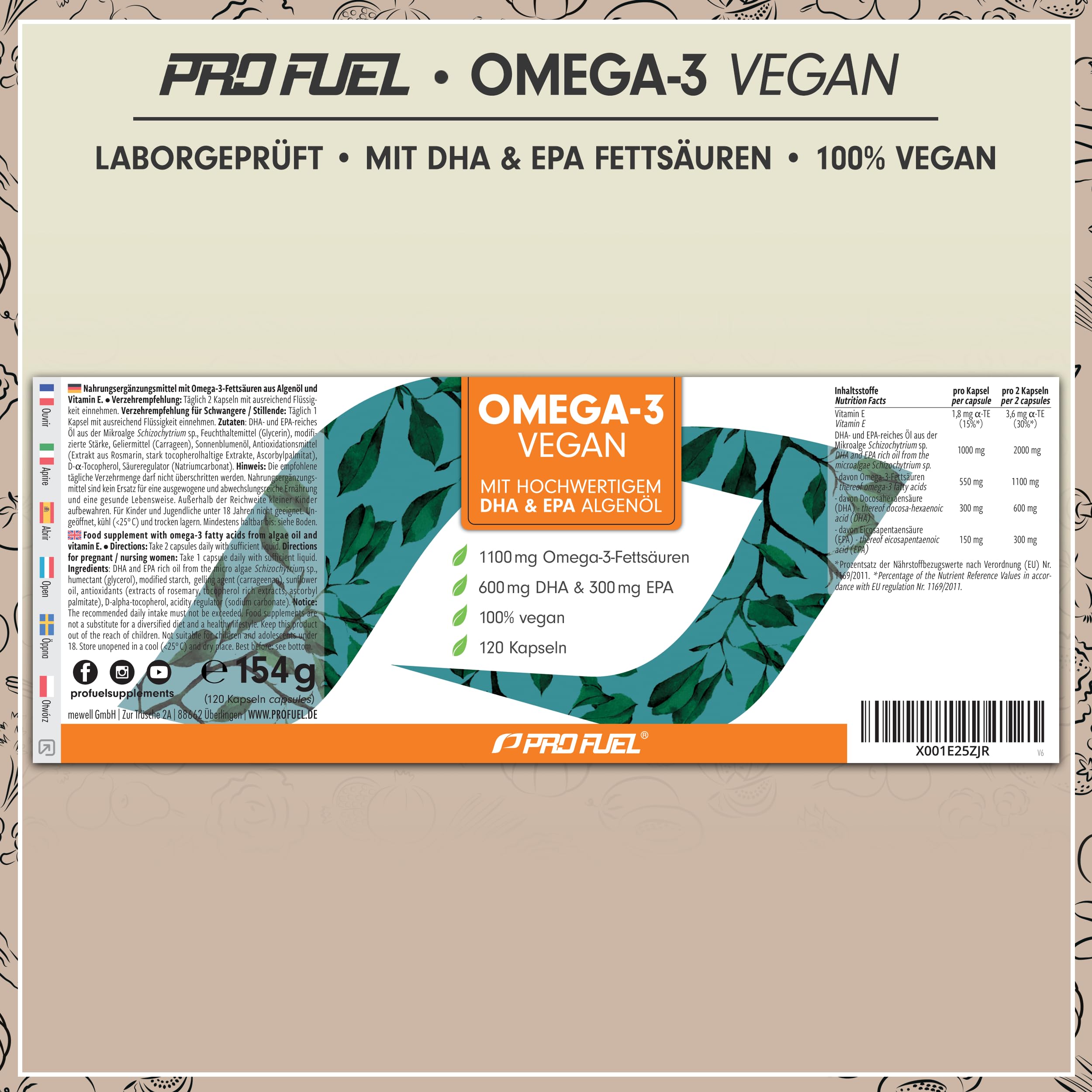 Omega-3 vegan Kapseln 120x - 2000 mg Algenöl pro Tag - hochdosiert mit 600mg DHA + 300mg EPA - hochwertige Omega-3 Algenöl Kapseln vegan - DHA:EPA Verhältnis 2:1 - laborgeprüft mit Analyse-Zertifikat 6
