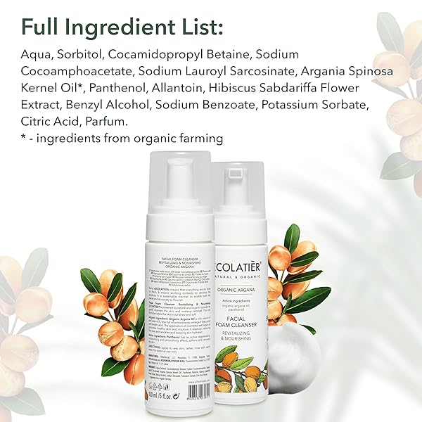 FOAMING FACIAL CLEANSER WITH ORGANIC ARGAN OIL – 98.6% NATURAL, VEGAN, REVITALIZING & NOURISHING ORGANIC ARGANA, ANTI-AGING, REMOVES IMPURITIES, 5.1 FL OZ – ECOLATIER