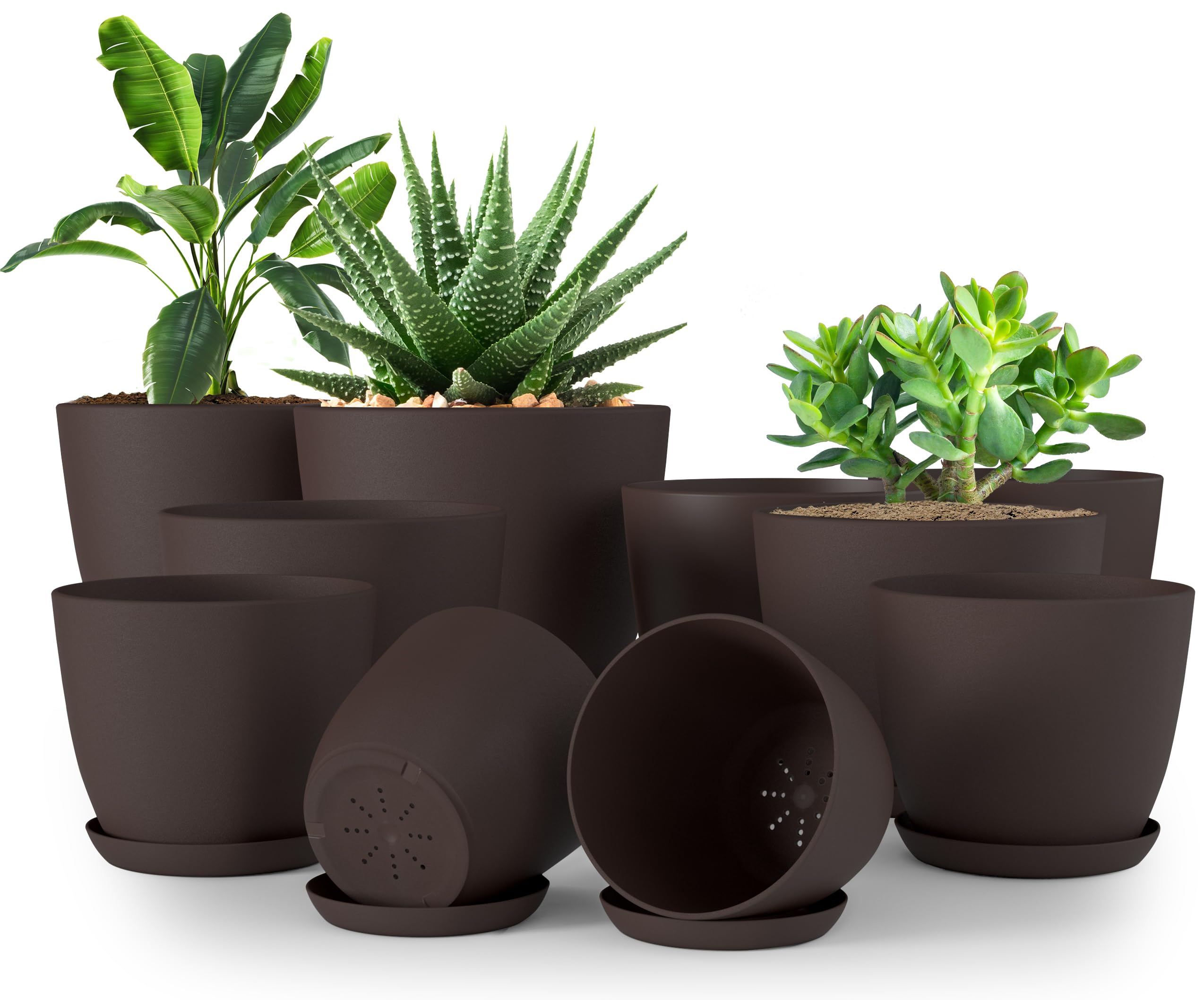 Utopia Home Plastic Planters Brown, Flower Nursery Pots Indoor Modern Decorative Plastic Pots for Plants, Succulents, Flowers, and Cactus 10 Pack, Multisize