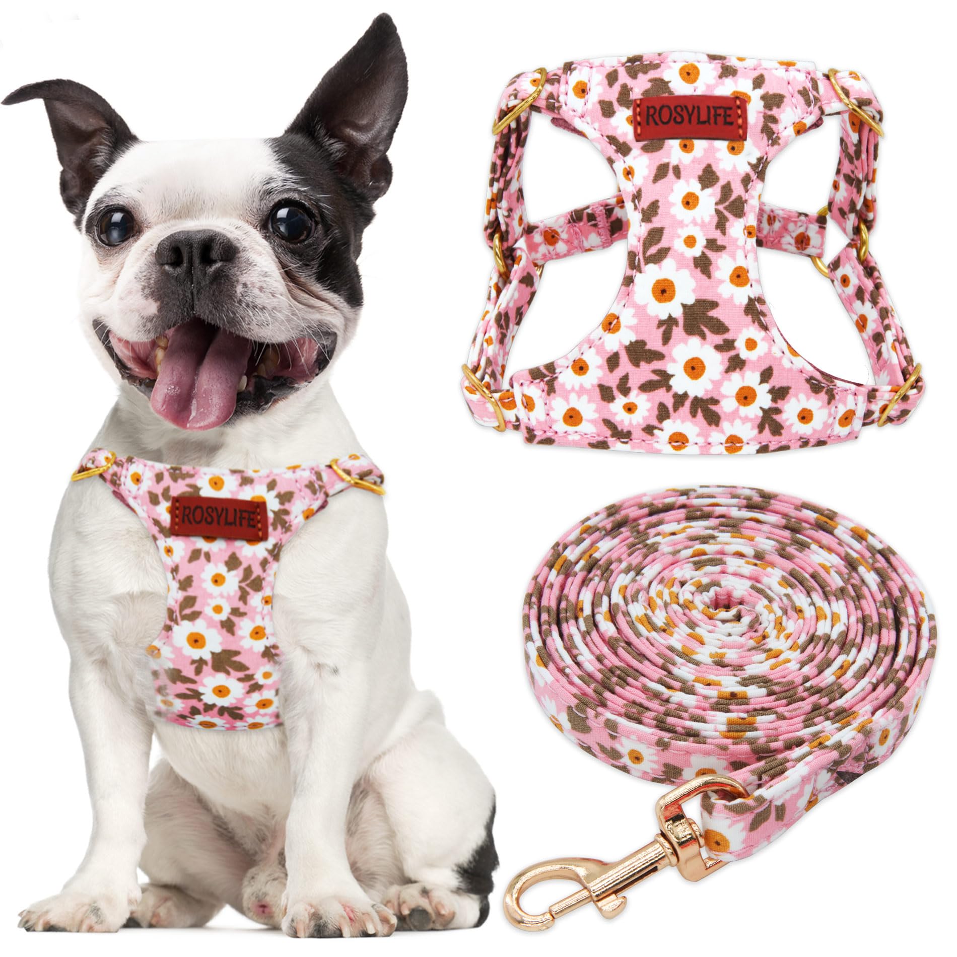 Photo 1 of No Pull Dog Harness Adjustable Small Harness and Leash Set, Lightweight and Soft Dog Harness No Choke Escape Proof Pet Harness Vest (Pink Daisy, Medium)