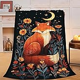 Fox Throw Blanket Floral Moon Fox Cozy Fleece Fuzzy Soft Flannel Plush Warm Bedding Stuff Gifts for Women Girls Kids Adults 40 x 50 Inch