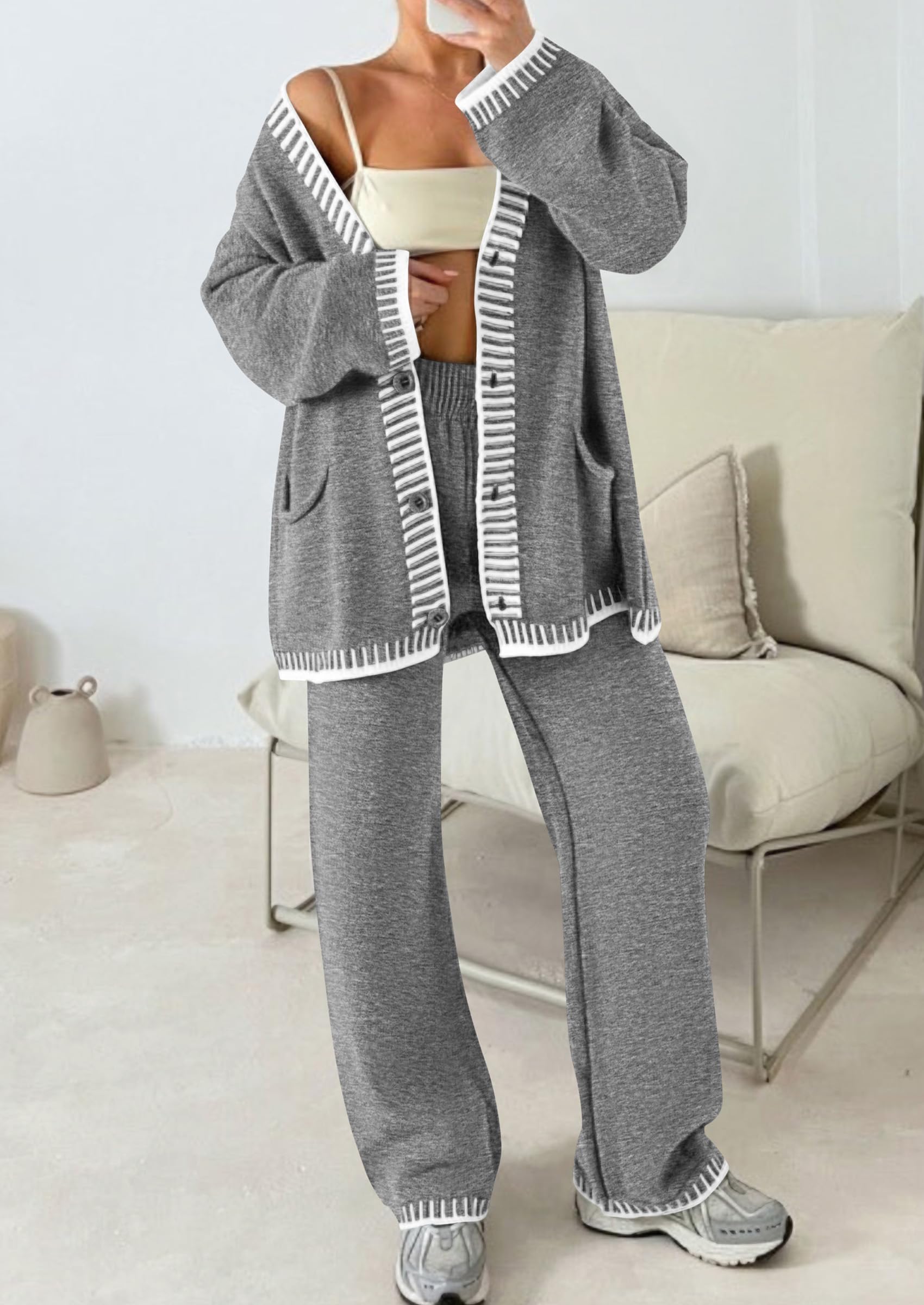 PRETTYGARDEN Women's 2 Piece Outfits Knit Matching Lounge Sets Long Sleeve V Neck Cardigan Sweaters Wide Leg Pants Tracksuits (Grey,Large) - Image 7