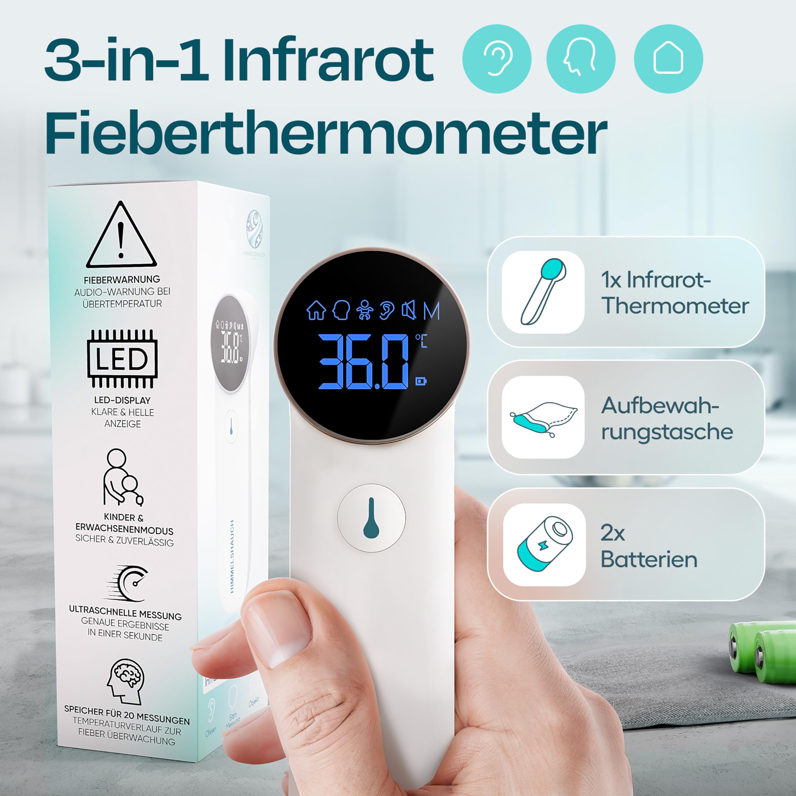 HIMMELSHAUCH MEDICAL Fieberthermometer Ohr & Stirn | 3 in 1 Messgerät | Ohrthermometer Babys Kinder & Erwachsene | Stirnthermometer kontaktlos | Digitales Fieber-Thermometer | Infrarot Fiebermesser 2
