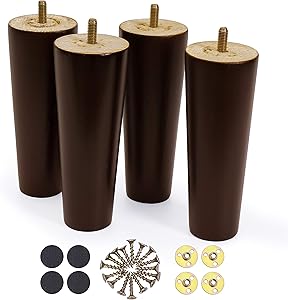 WOODINNO Furniture Legs 6 Inch Replacement for Mid Century Table Dresser, Desk, Couch, Chair Cabinet Sofa | Modern Tapered Round Feet Set of 4 | Raiser Painted Ash Wooden Feets | Dark Brown Color