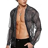 Mens Sliver Sheer Mesh Disco Shirt Metallic Outfits Sequin Long Sleeves Glitter Top Casual Club Chucky Party Shirts