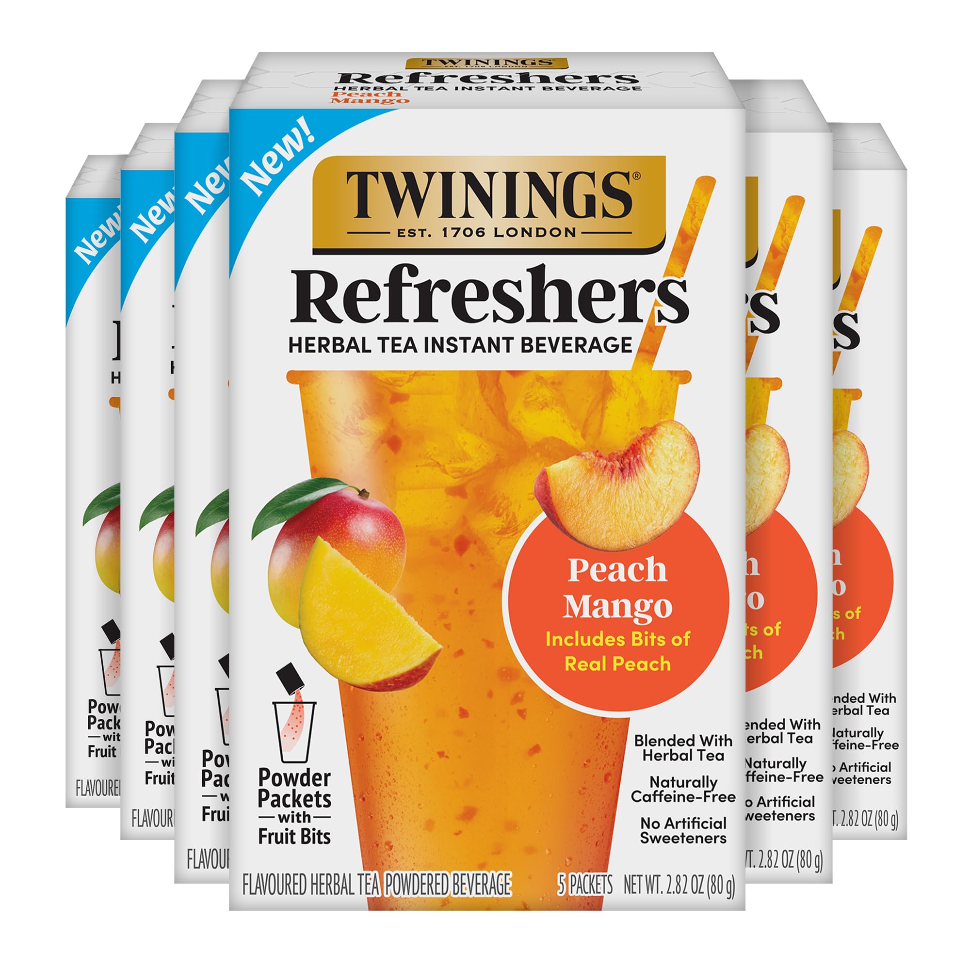NEW Twinings Peach Mango Refreshers, Herbal Tea Instant Beverage with Real Peach Fruit Bits, 5 Count (Pack of 6), Café Style, No Artificial Sweeteners, Naturally Caffeine-Free Refreshment, 30 Packets Image