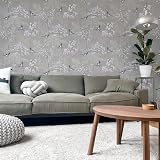 Arthouse Japanese Garden Grey Wallpaper Hand Drawn Trees Birds Pearlescent view 4
