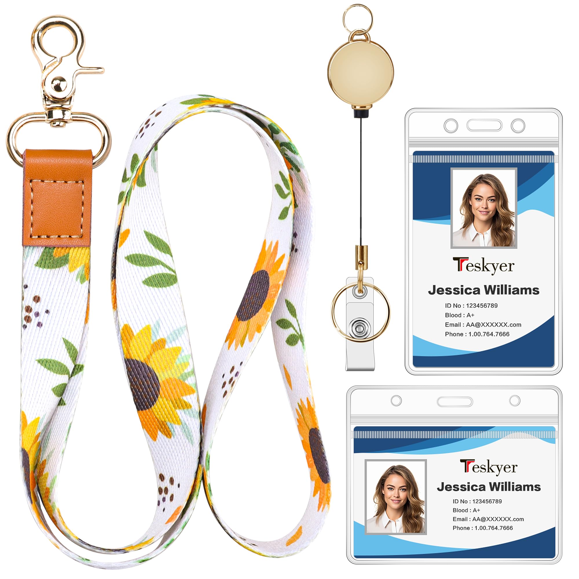 Teskyer Sunflower Lanyard with Card Holder, ID Badge Holder, Retractable Lanyard, Plastic, Transparent, with Resealable Zipper, Waterproof, Soft, Sunflower