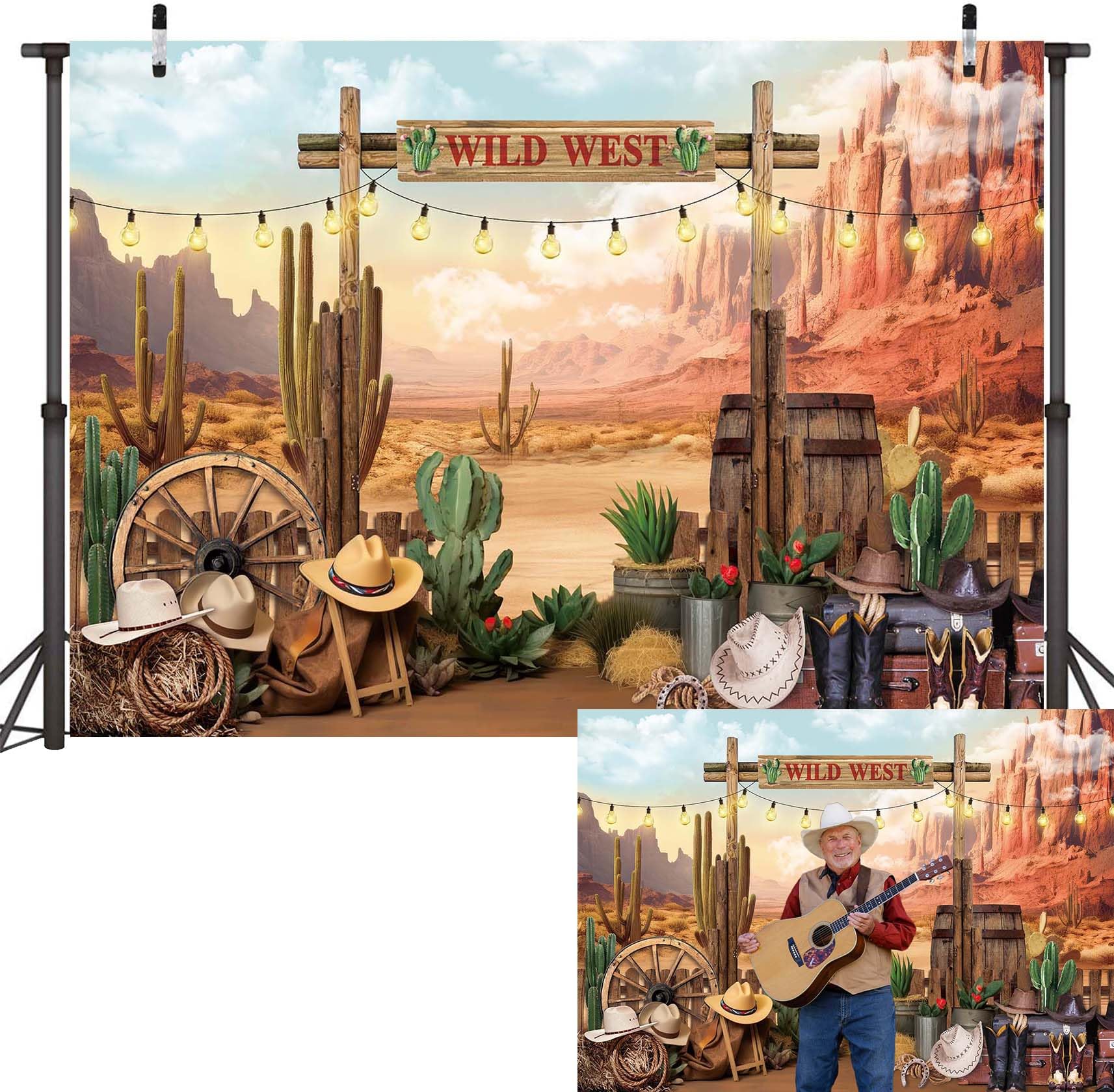 Photo 1 of Wild West Backdrop Western Cowboys Desert Cactus Photography Background Western Party Decorations Banner Photo Props (2.4x1.8m)