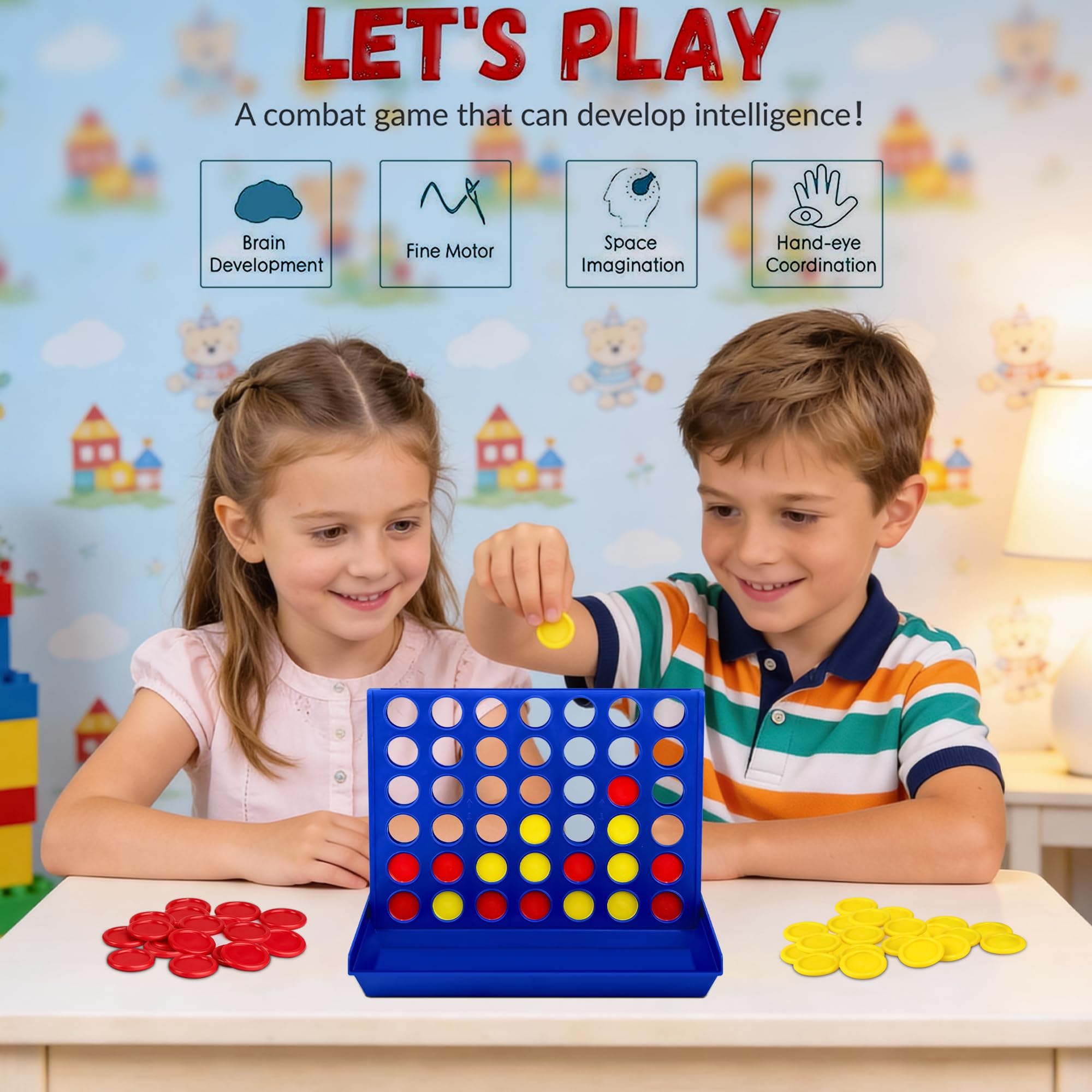 VingaHouse 4 in Einer Reihe Spiel, Strategiespiel für 2 Spieler, Familienspiel ab 3, 4, 5, 6 Jahren, Pädagogisches Lernspielzeug für Kinder und Erwachsene, Geschenkidee für Zuhause und Reisen (Groß) 4