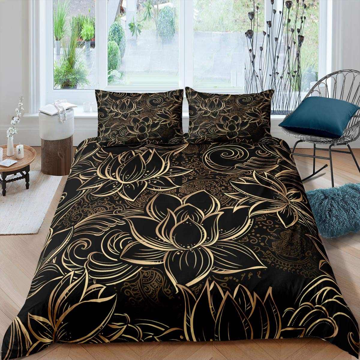 Loussiesd Luxury Black Gold Duvet Cover for Woman Bedroom Senior Gift Blossom Flowers Comforter Cover Floral Golden Printed Bedding Soft Microfiber Pillowcase Decor 3 Pcs Double Size