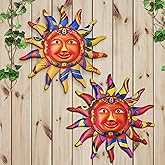 Micanlo 2pcs, Metal Sun Wall Decor, 12.7"x12.7" 3D Colorful Mexican Sun Wall Art Hanging Decorations Ornament for Home, Outside Garden, Patio, Kitchen, Balcony